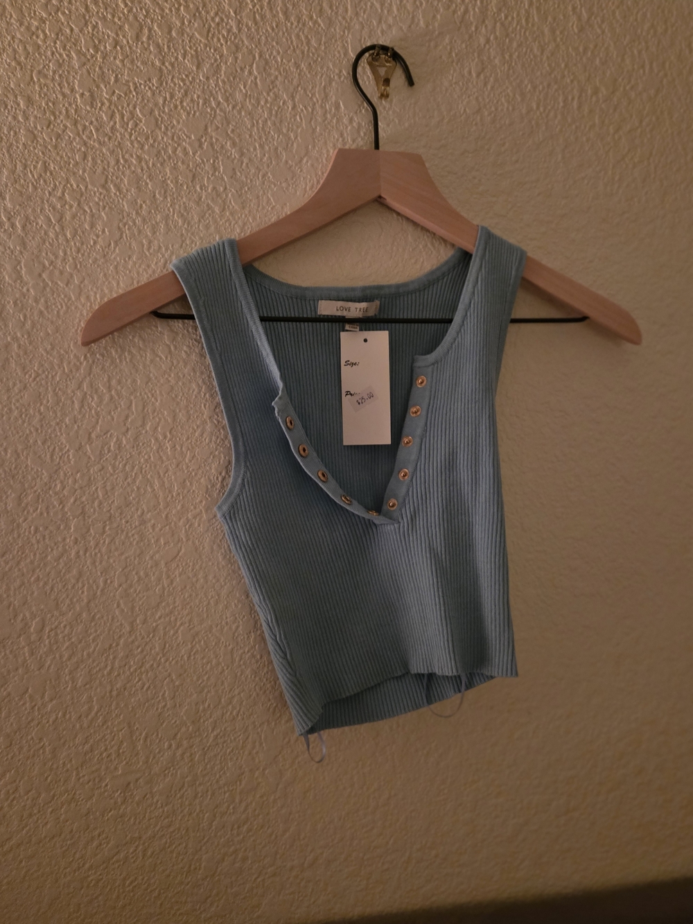 Love Tree Sky Blue Ribbed Snap V-Neck Tank
